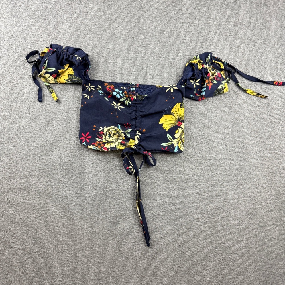 Floral Women's XS Navy Blue Off The‎ Shoulder Ruched Crop Top